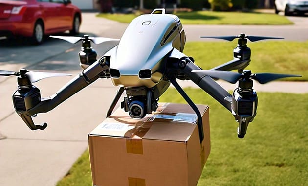 Drone delivering a package to a customer’s home